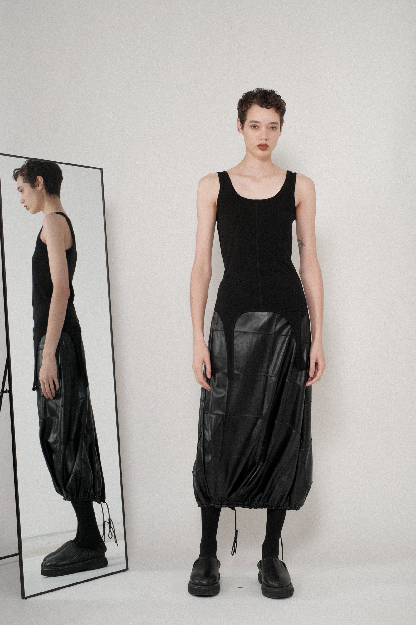 Vegan Leather Pintuck Shirred Bubble Skirt