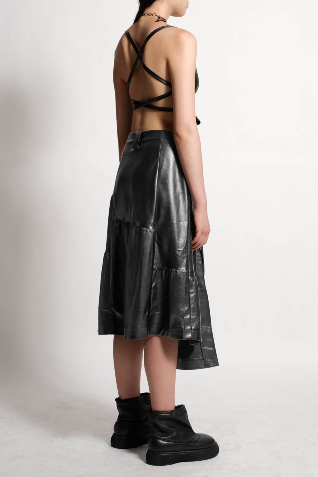 Vegan Leather Shirred Midi Skirt