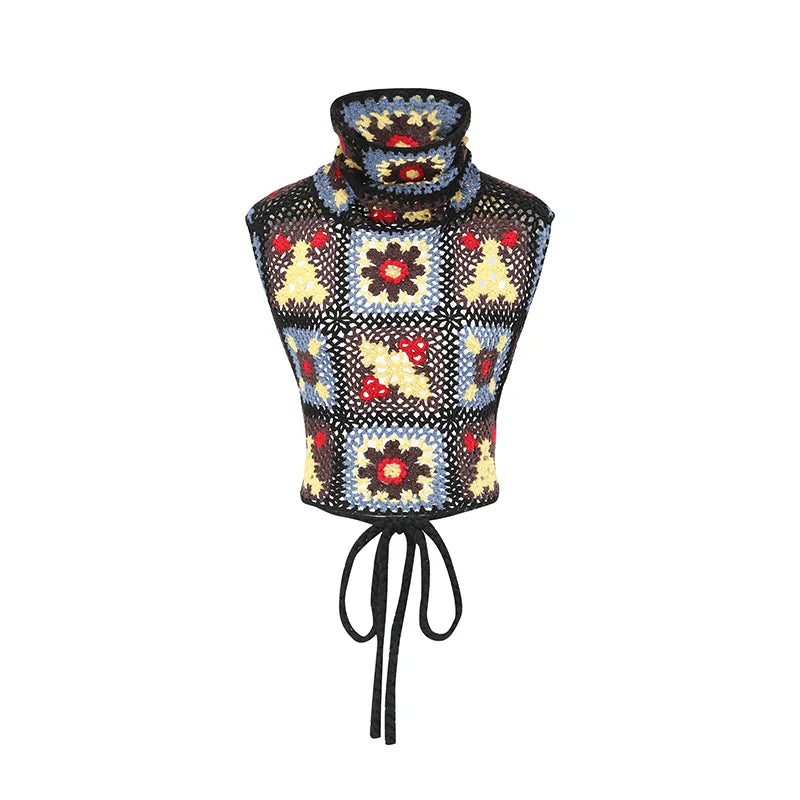Floral Crochet Turtleneck Lace-up Top
