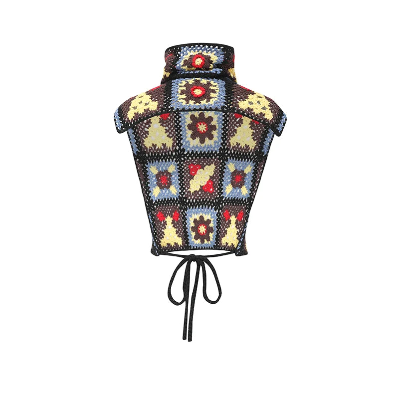 Floral Crochet Turtleneck Lace-up Top
