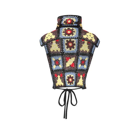 Floral Crochet Turtleneck Lace-up Top