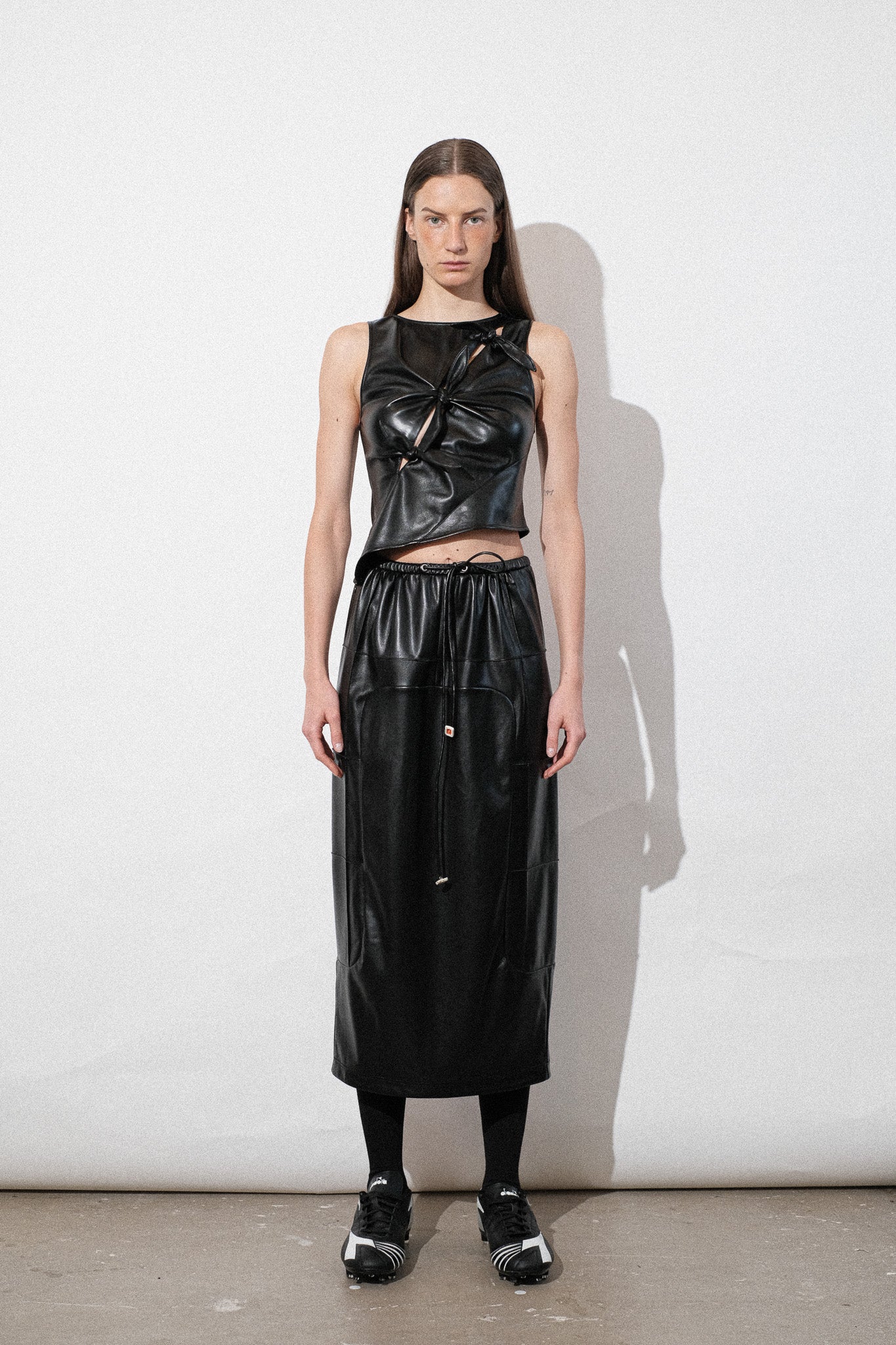 Vegan Leather Pintuck Elastic-Waist Skirt