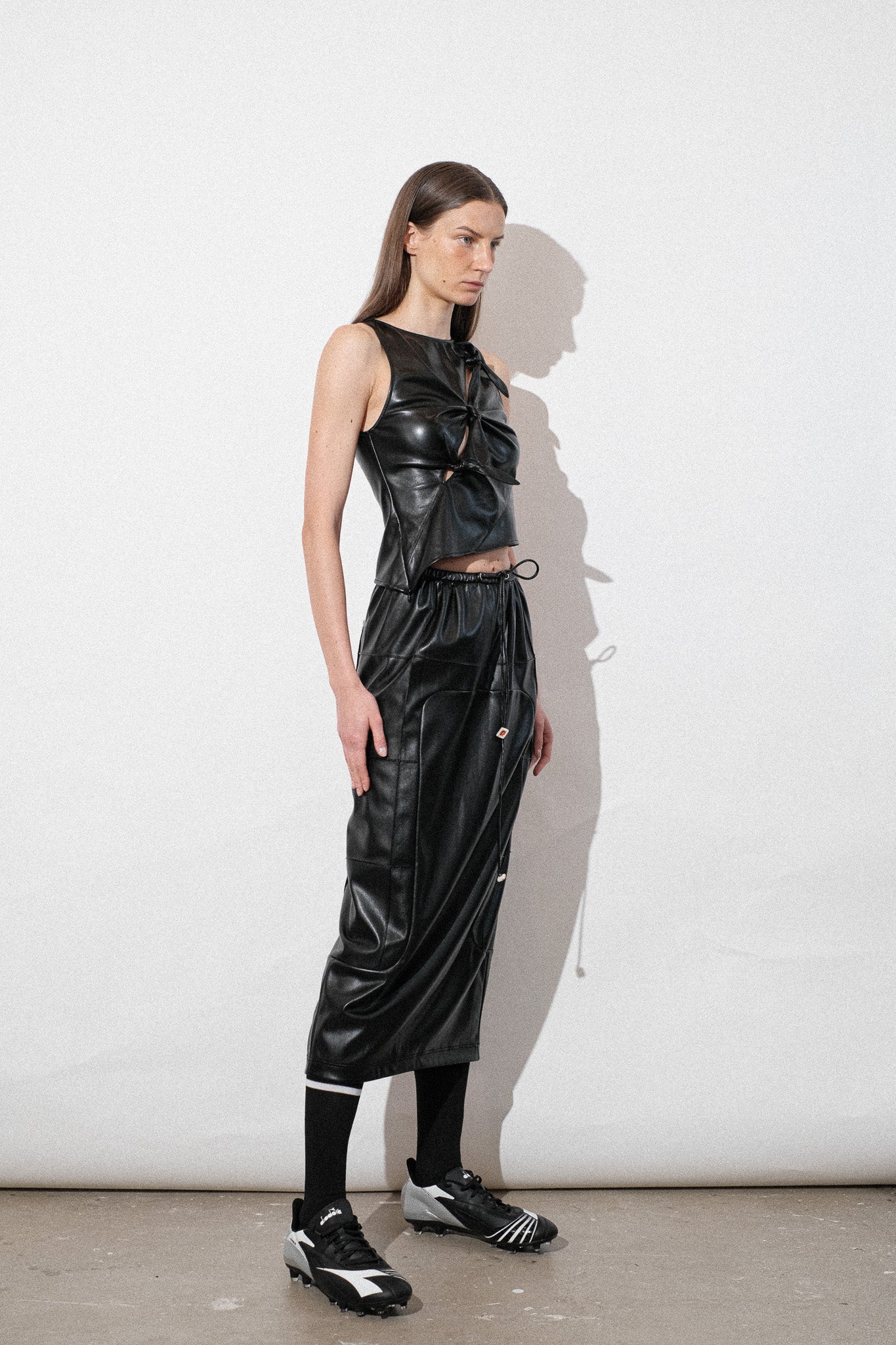 Vegan Leather Pintuck Elastic-Waist Skirt