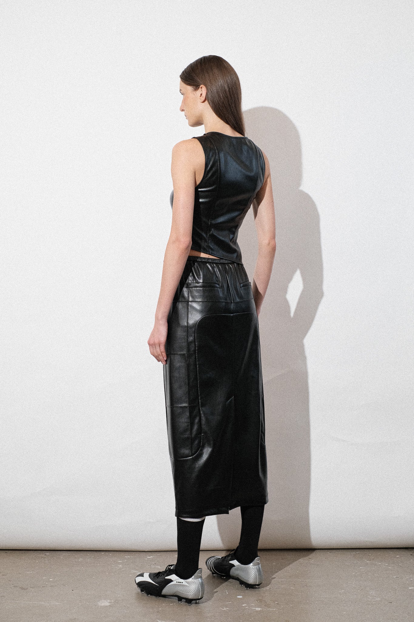 Vegan Leather Pintuck Elastic-Waist Skirt