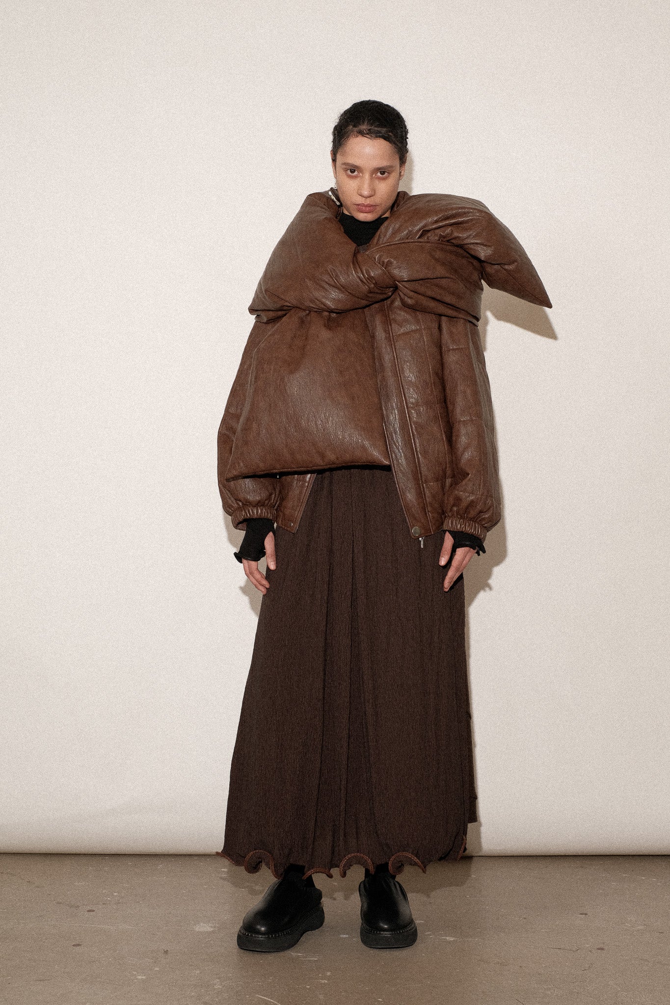 ZIMO Wrinkled Vegan Leather Scarf Puff Coat