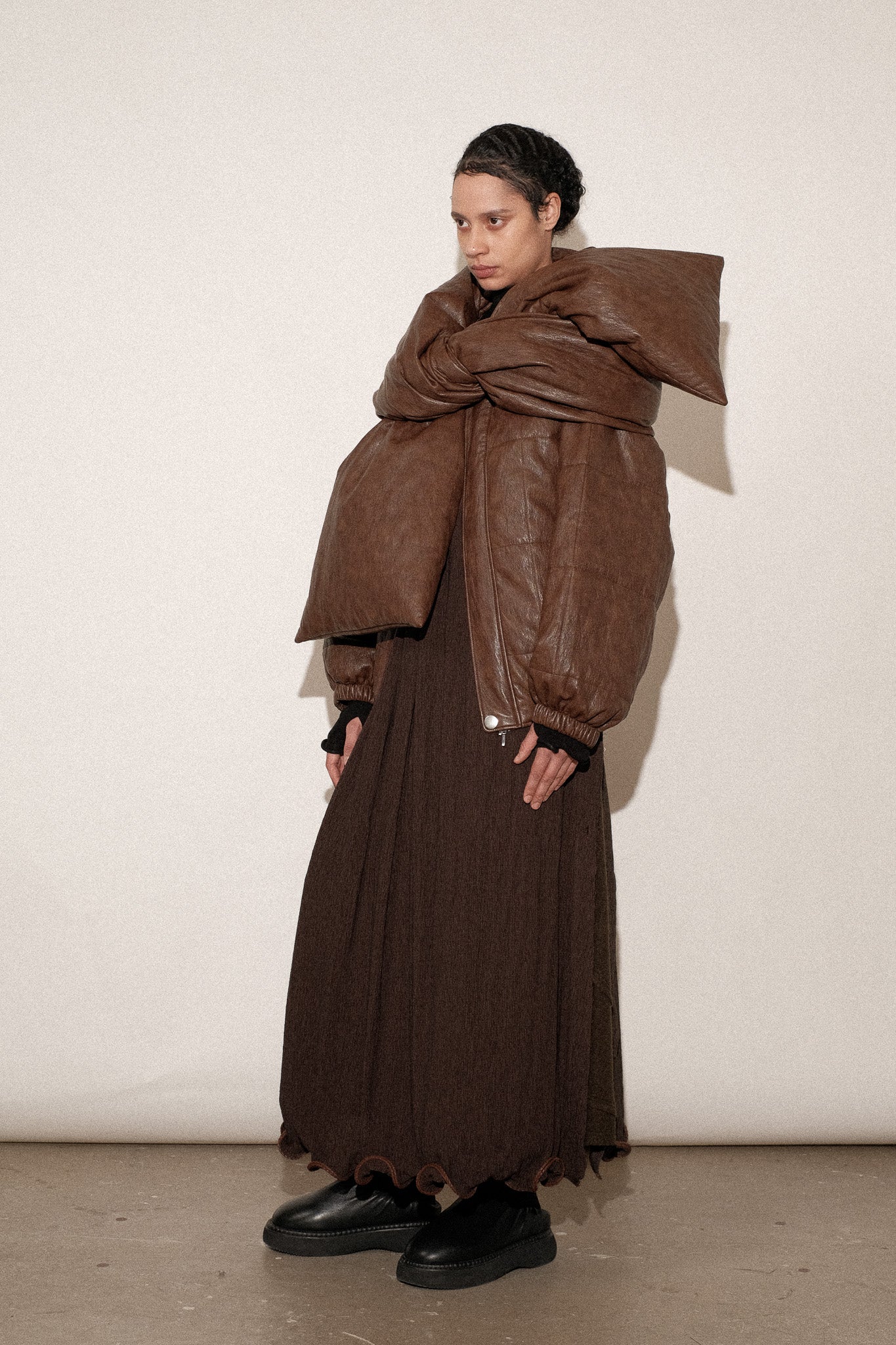ZIMO Wrinkled Vegan Leather Scarf Puff Coat