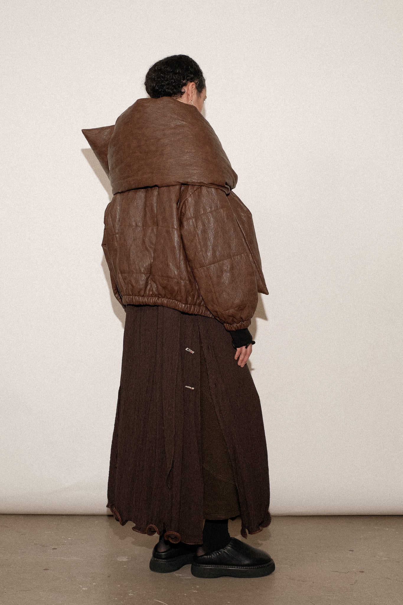 ZIMO Wrinkled Vegan Leather Scarf Puff Coat