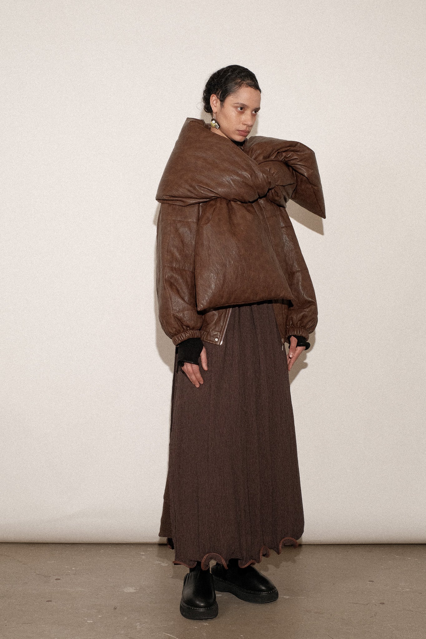 ZIMO Wrinkled Vegan Leather Scarf Puff Coat