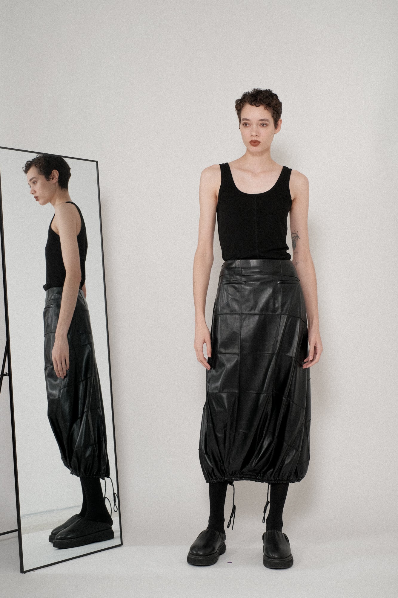 Vegan Leather Pintuck Shirred Bubble Skirt