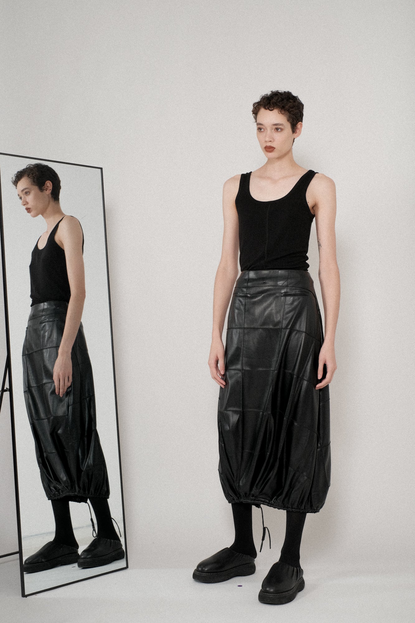 Vegan Leather Pintuck Shirred Bubble Skirt