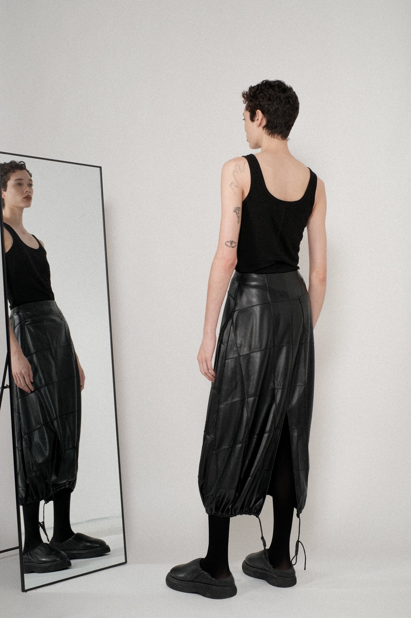 Vegan Leather Pintuck Shirred Bubble Skirt