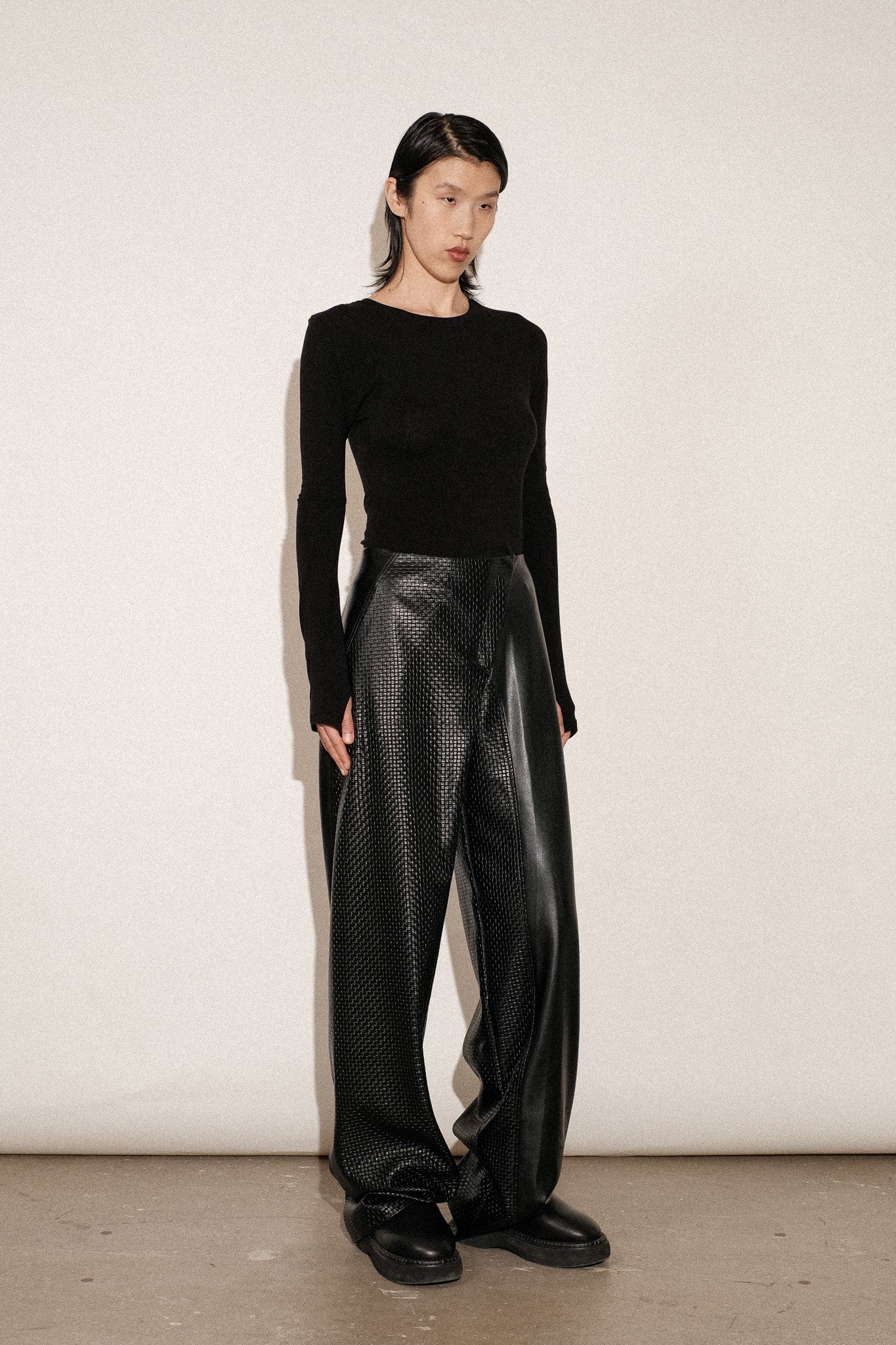ZIMO Vegan Leather Twisted Wide Leg Pants