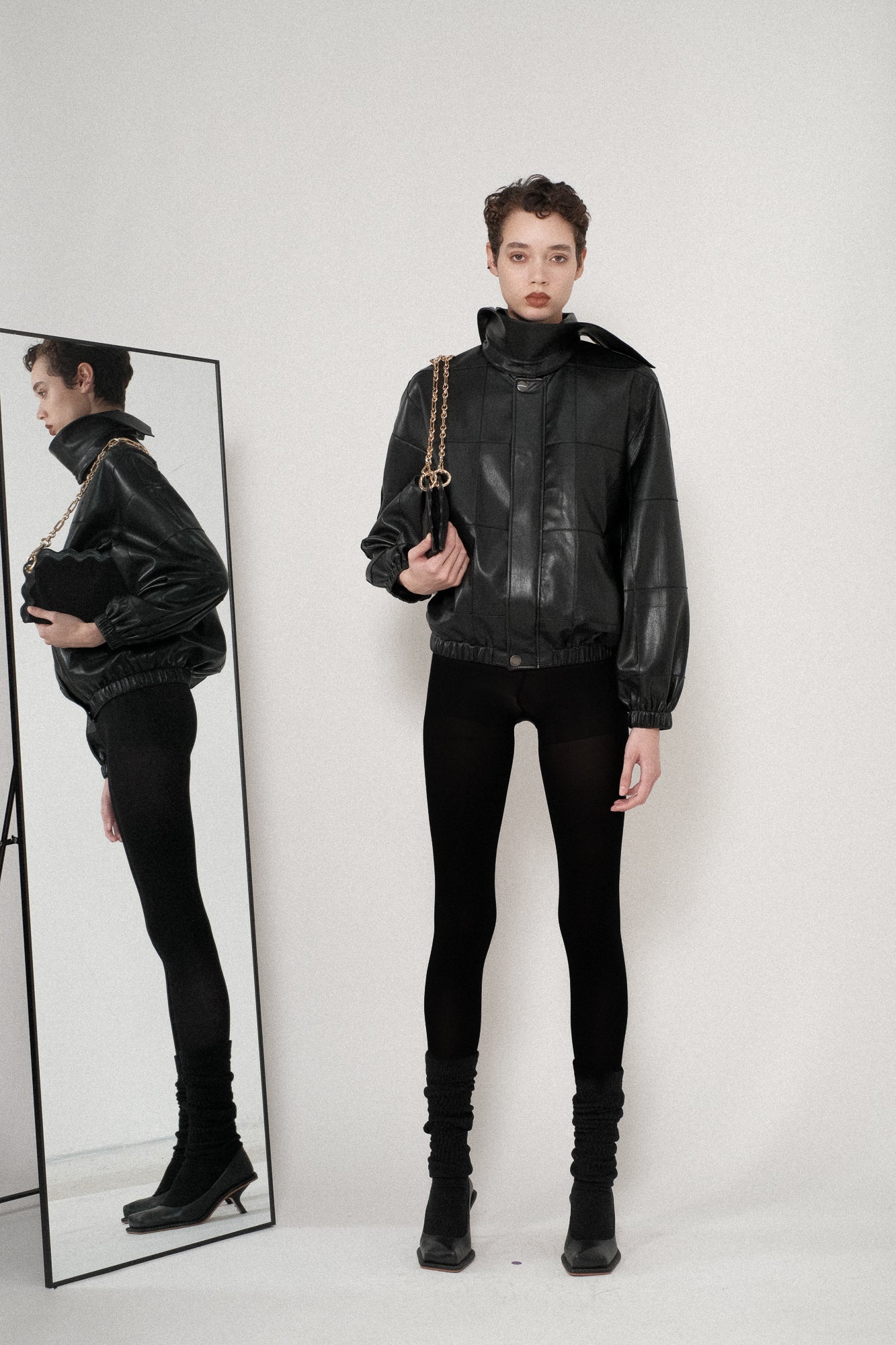 Vegan Leather Pintuck Detachable Collar Jacket