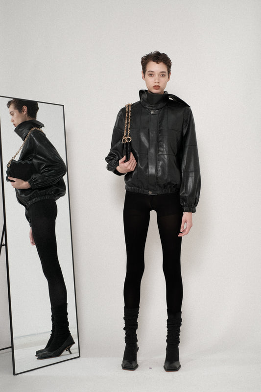 Vegan Leather Pintuck Detachable Collar Jacket