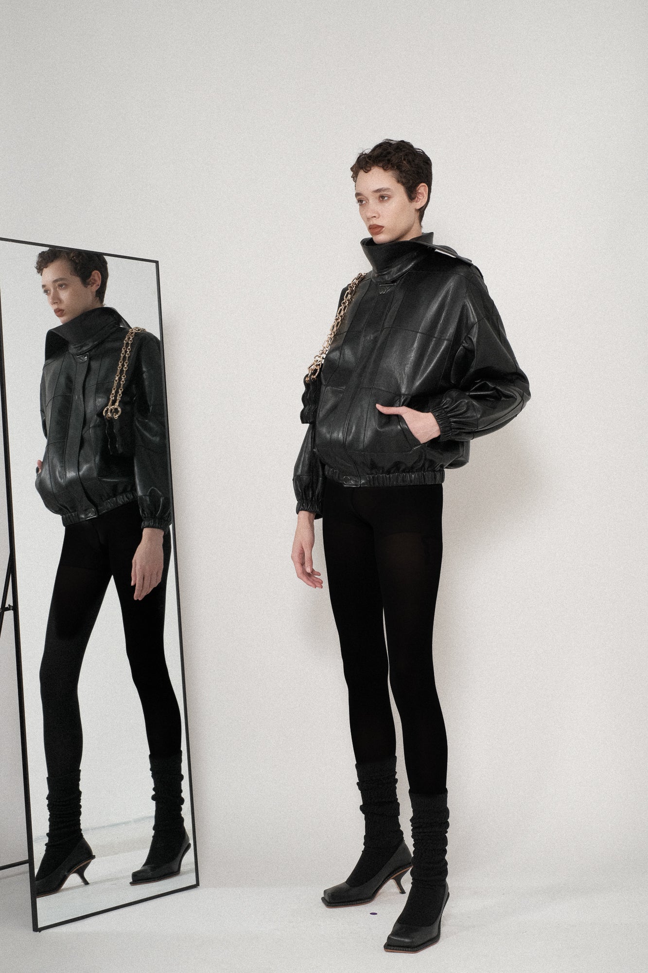 Vegan Leather Pintuck Detachable Collar Jacket