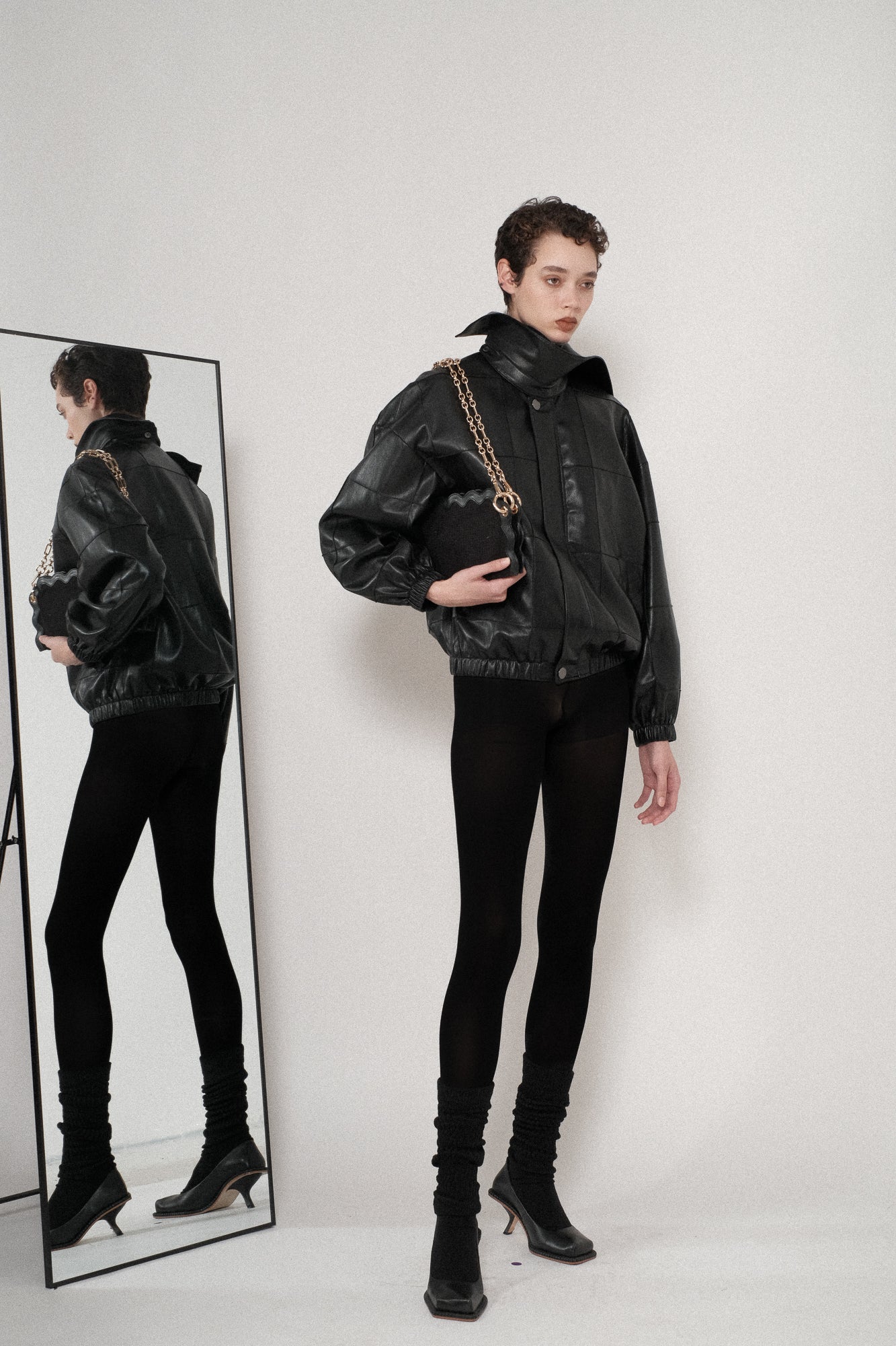 Vegan Leather Pintuck Detachable Collar Jacket
