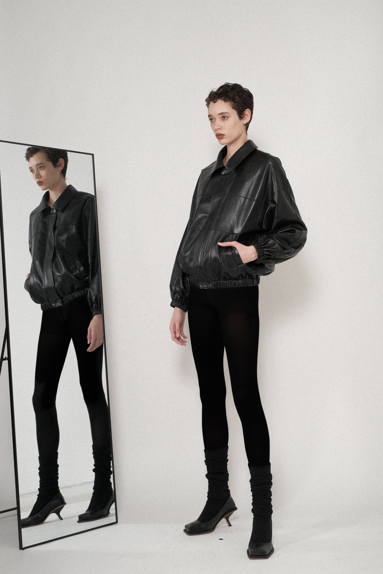 Vegan Leather Pintuck Detachable Collar Jacket