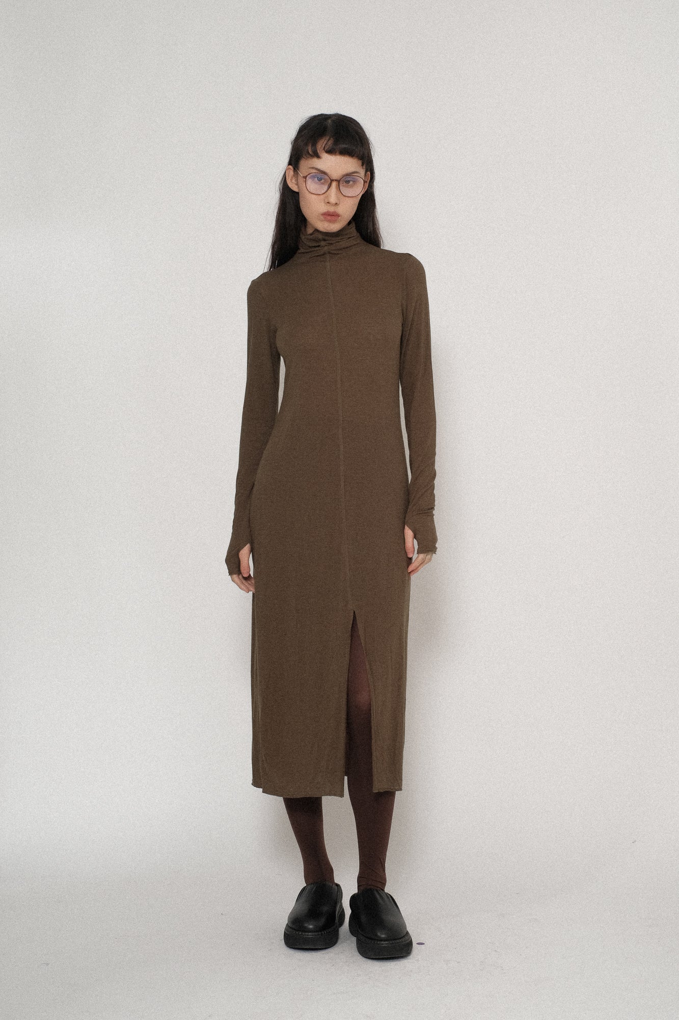 Tencel Wool Jersey Foldover Collar Slit Dress