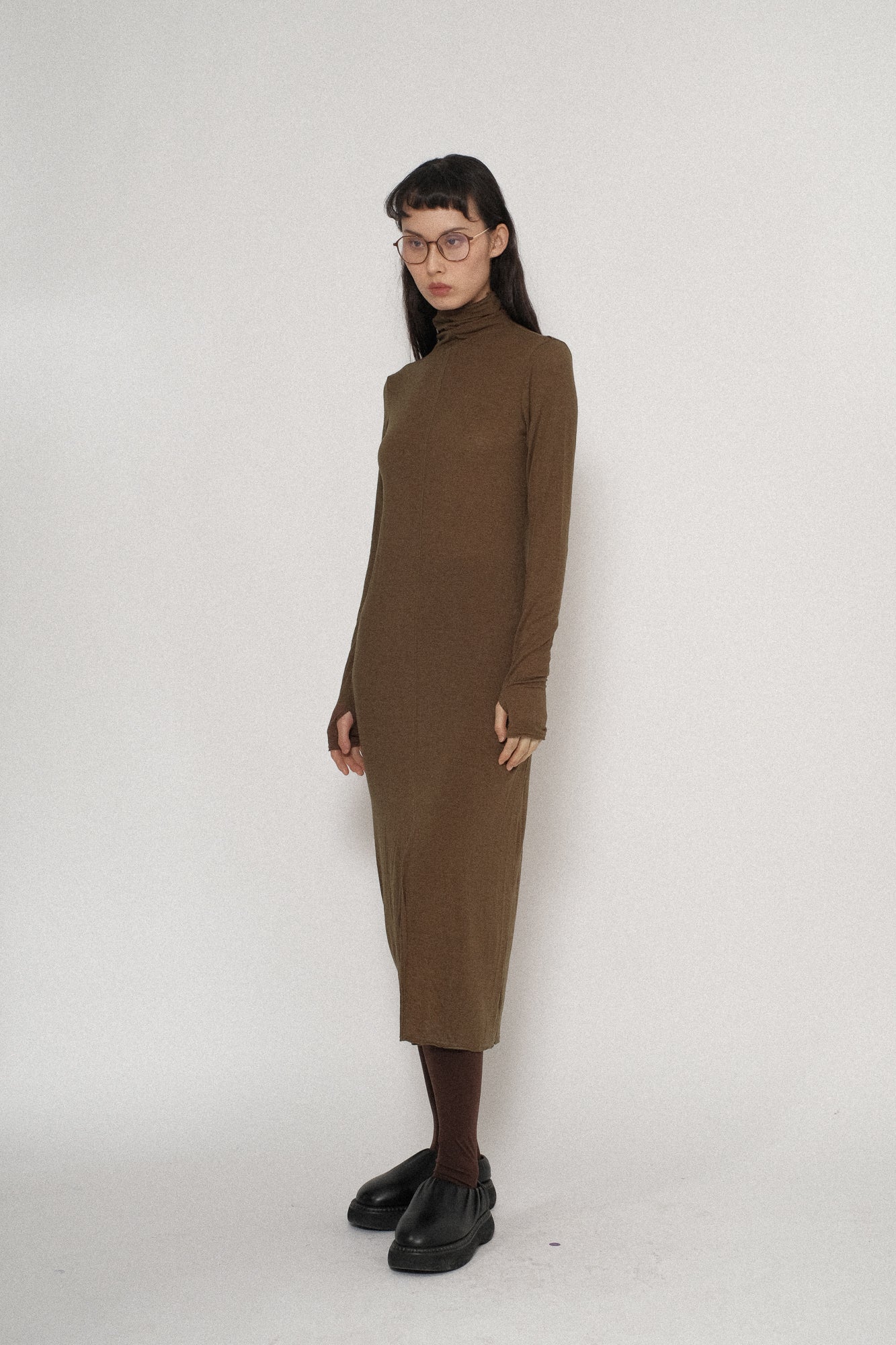 Tencel Wool Jersey Foldover Collar Slit Dress