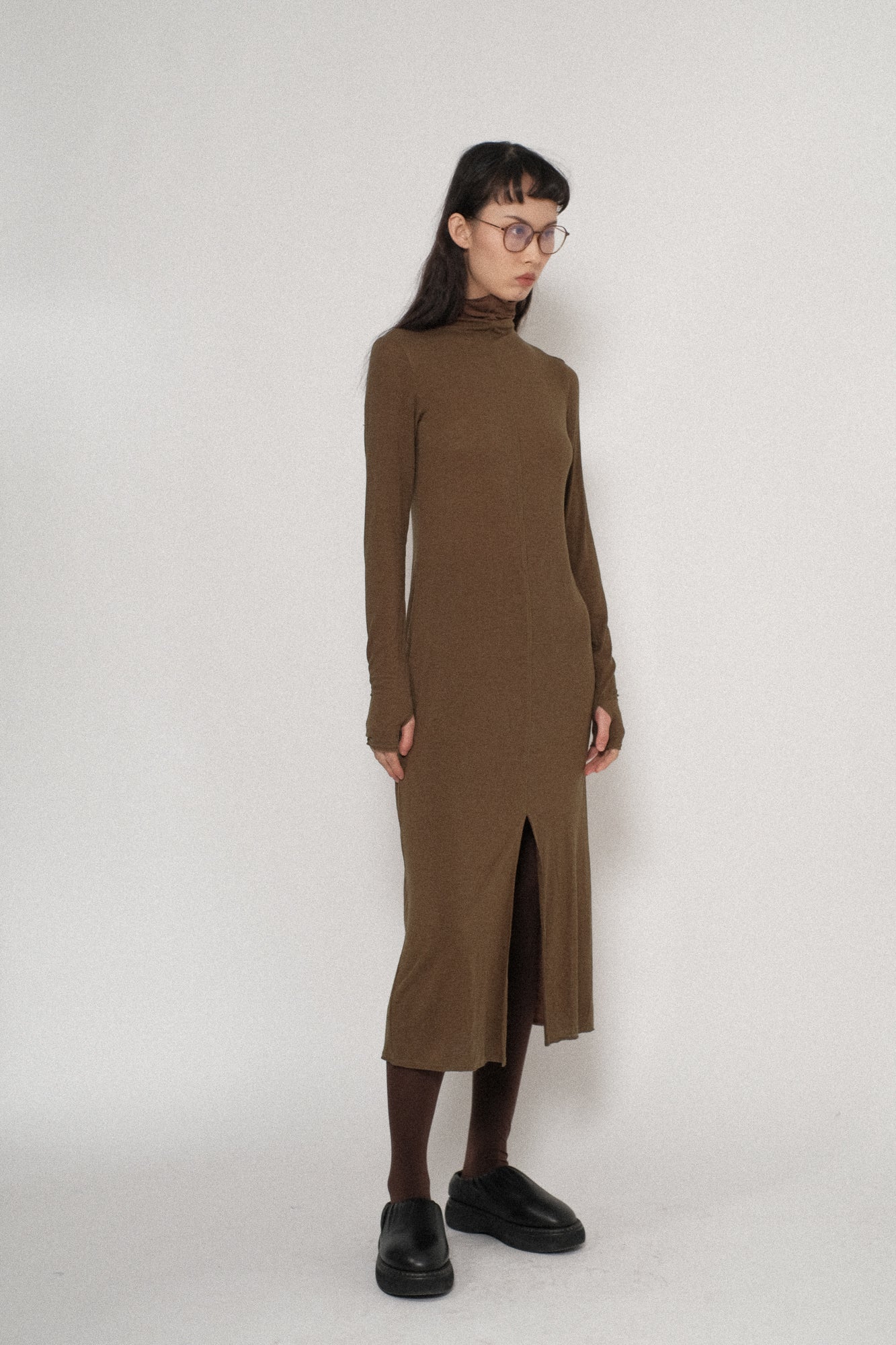Tencel Wool Jersey Foldover Collar Slit Dress