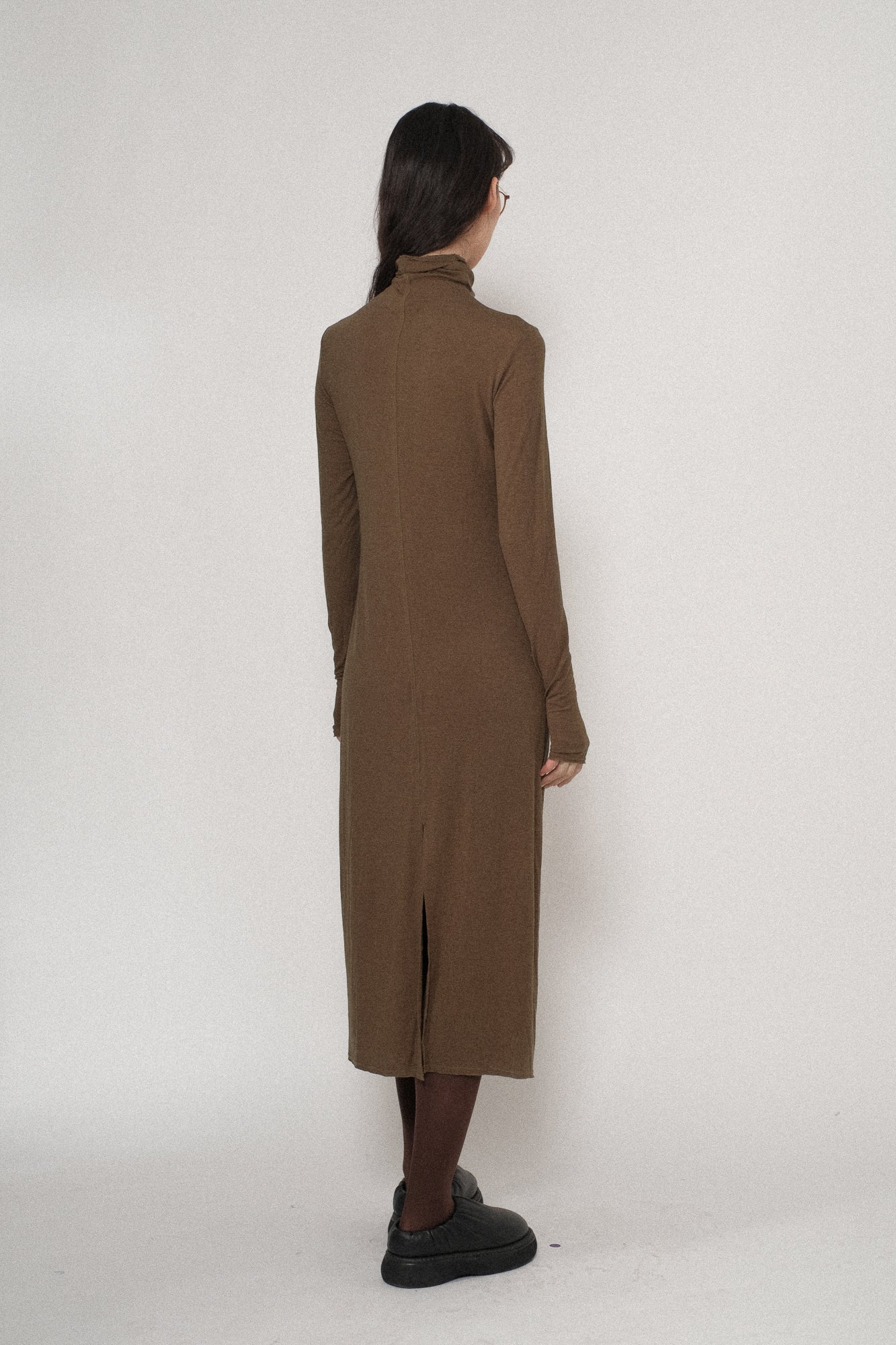 Tencel Wool Jersey Foldover Collar Slit Dress