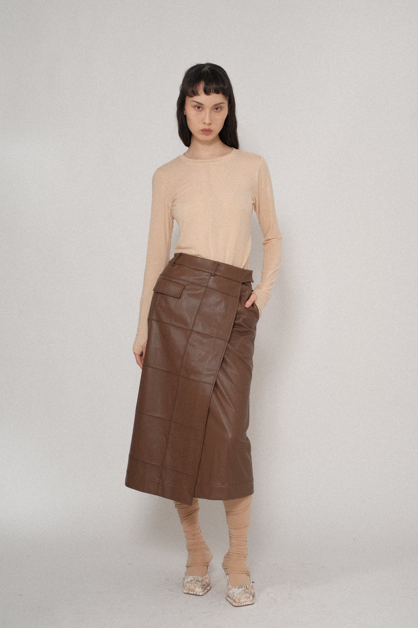 Vegan Leather Pintuck Wrap Skirt