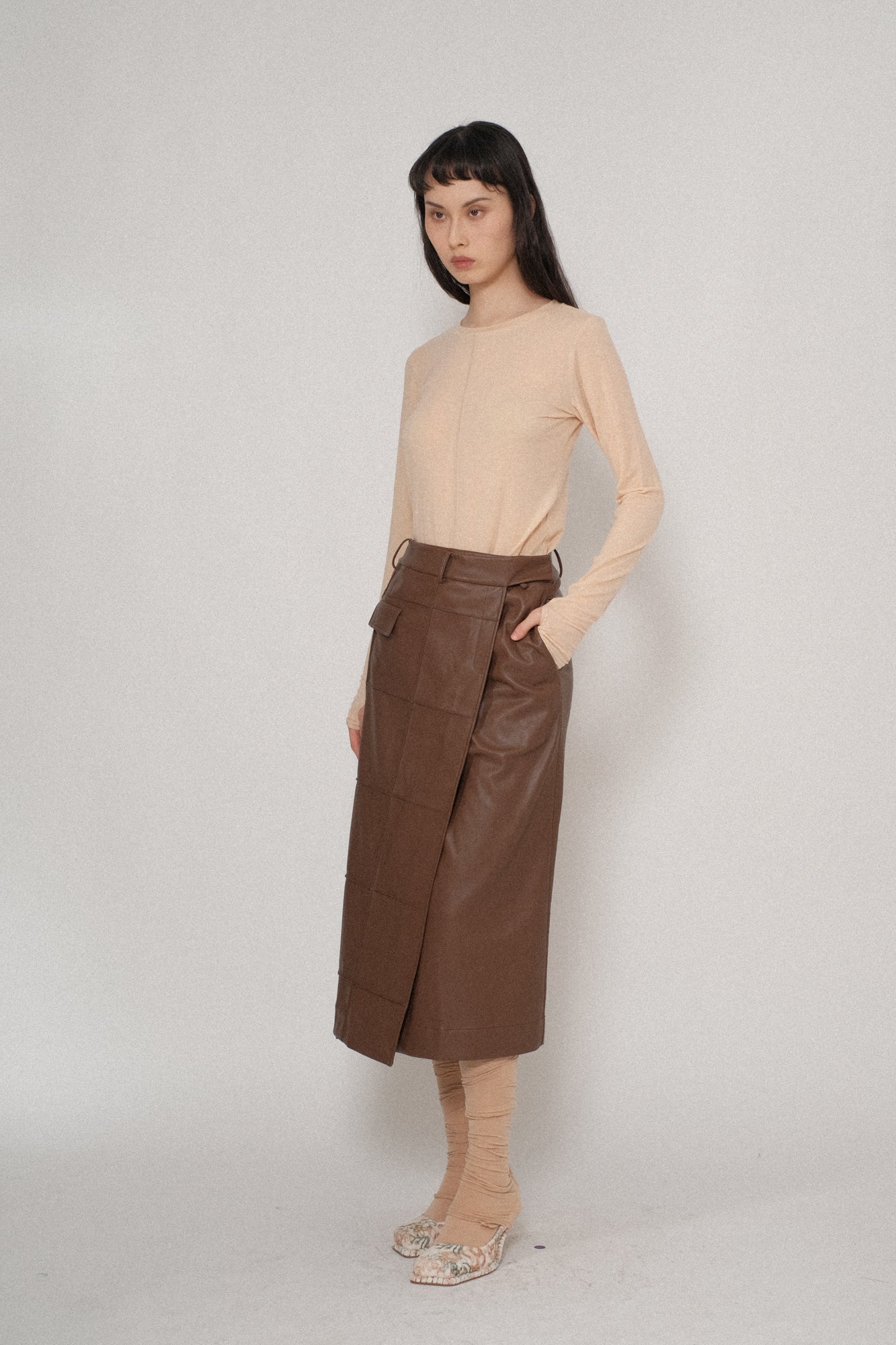 Vegan Leather Pintuck Wrap Skirt