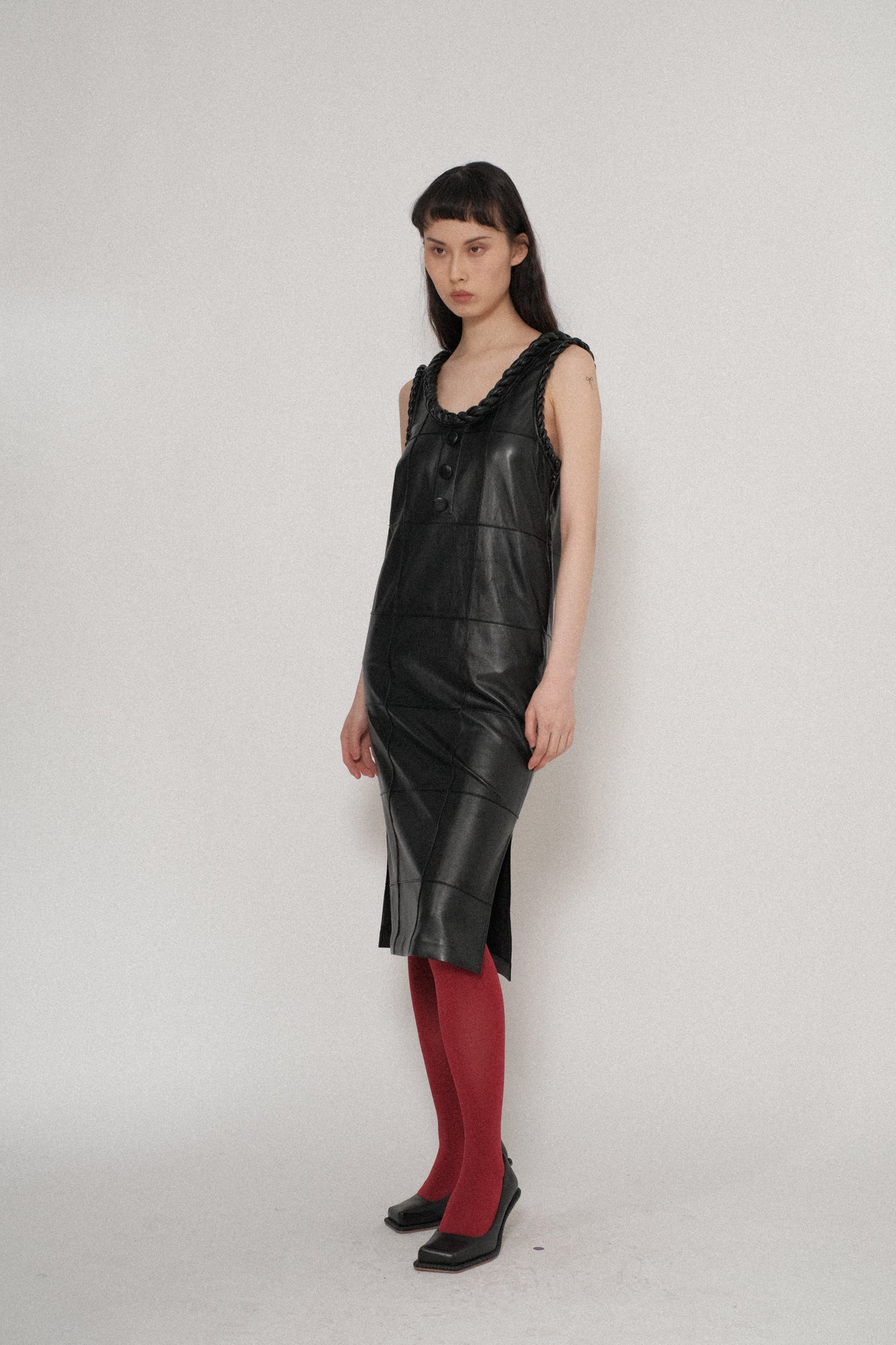 Vegan Leather Pintuck Twisted Rope Dress