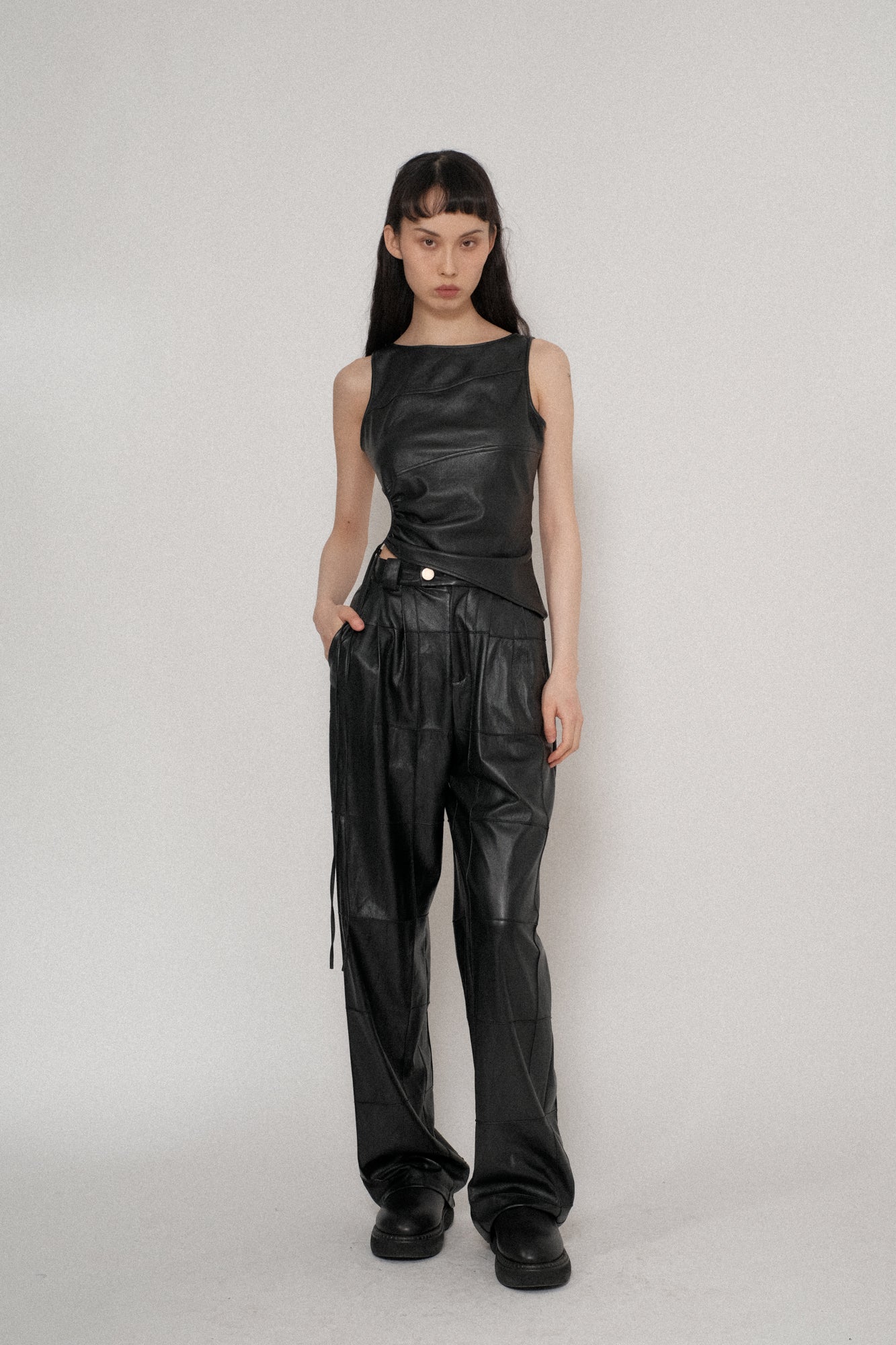 Vegan Leather Pintuck Straight Pants