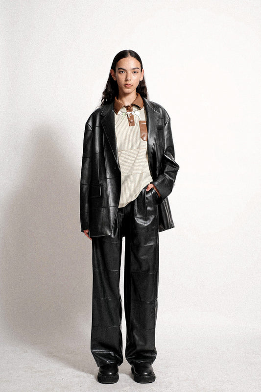 Vegan Leather Pintuck Asymmetric Blazer