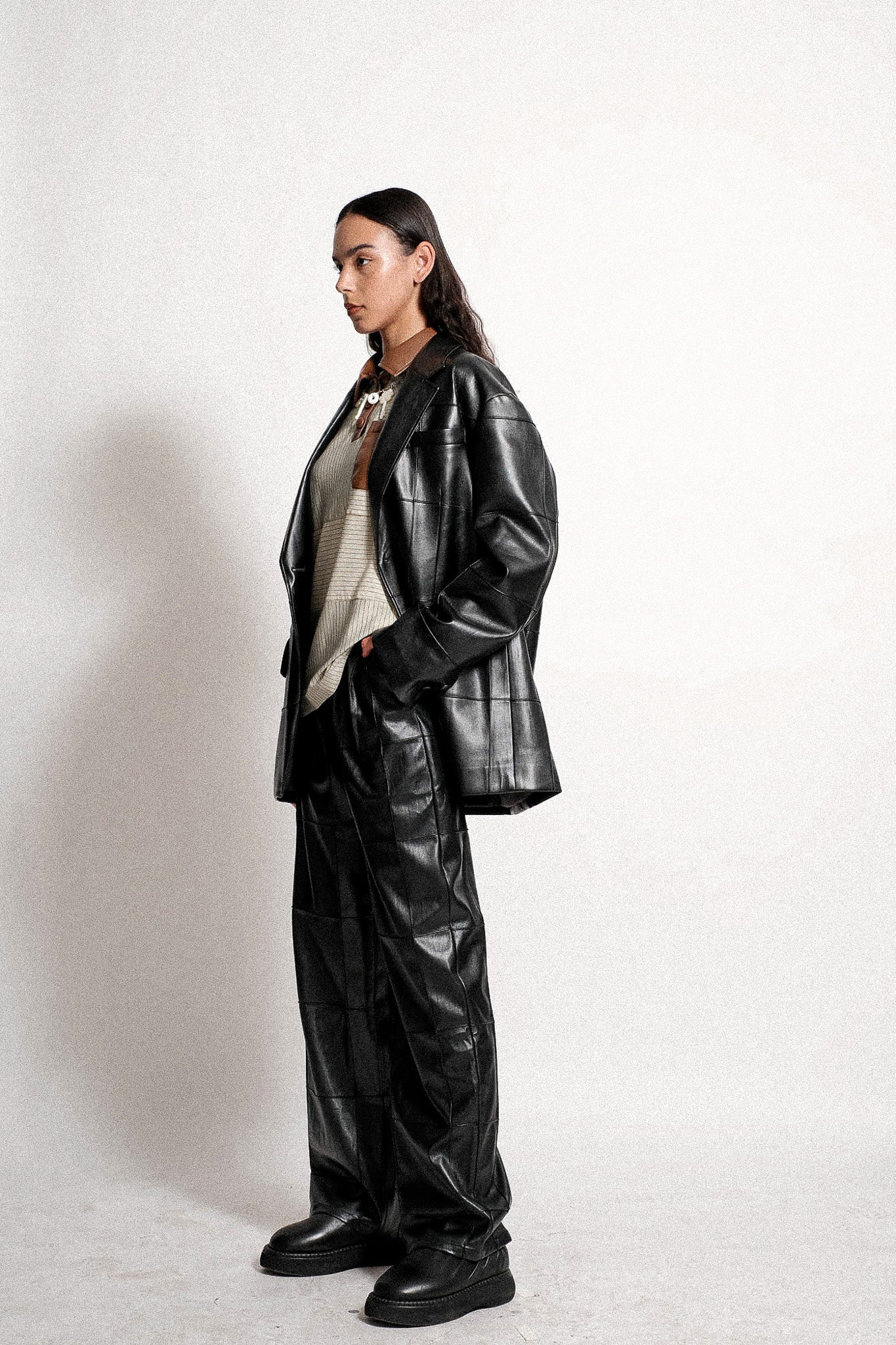 Vegan Leather Pintuck Asymmetric Blazer