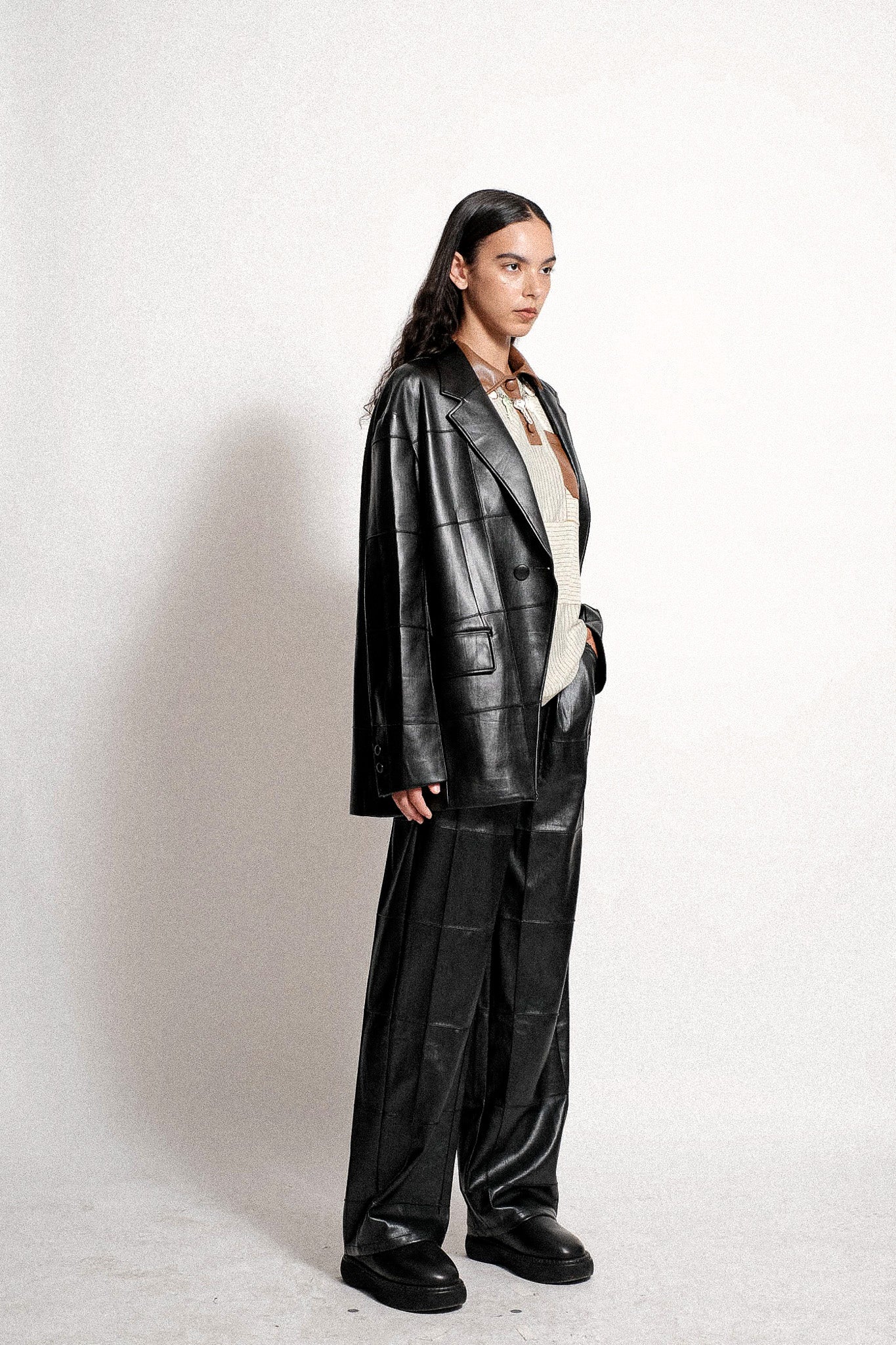 Vegan Leather Pintuck Asymmetric Blazer