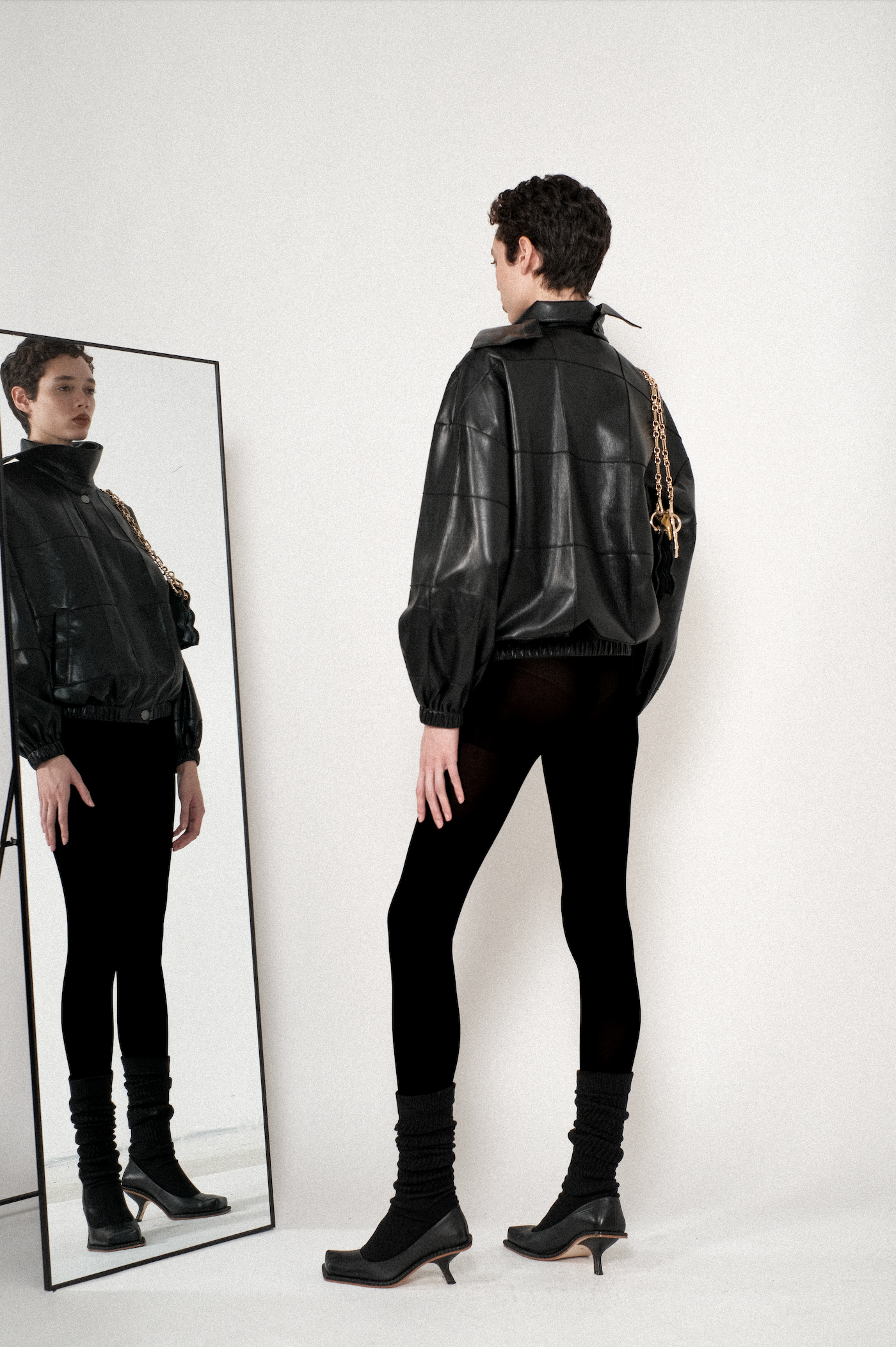 Vegan Leather Pintuck Detachable Collar Jacket