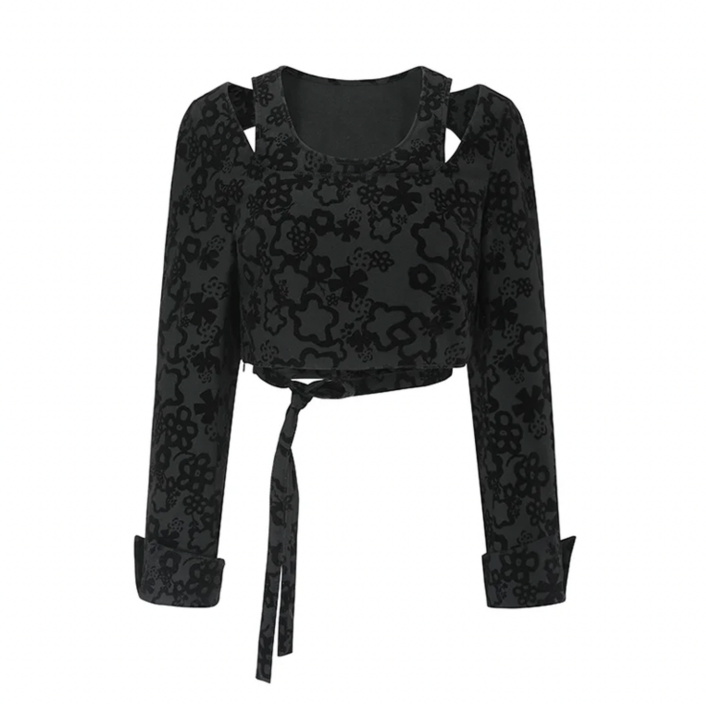 Floral Flocking Cut-out Long Sleeve Crop Top