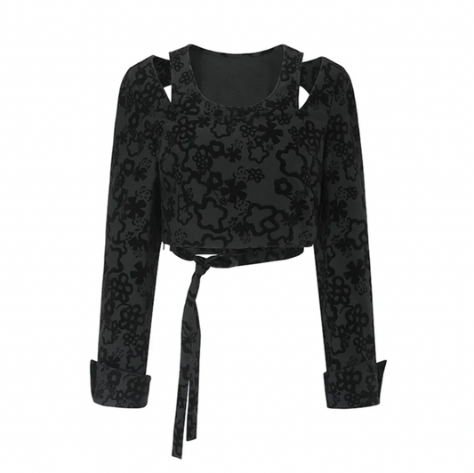 Floral Flocking Cut-out Long Sleeve Crop Top