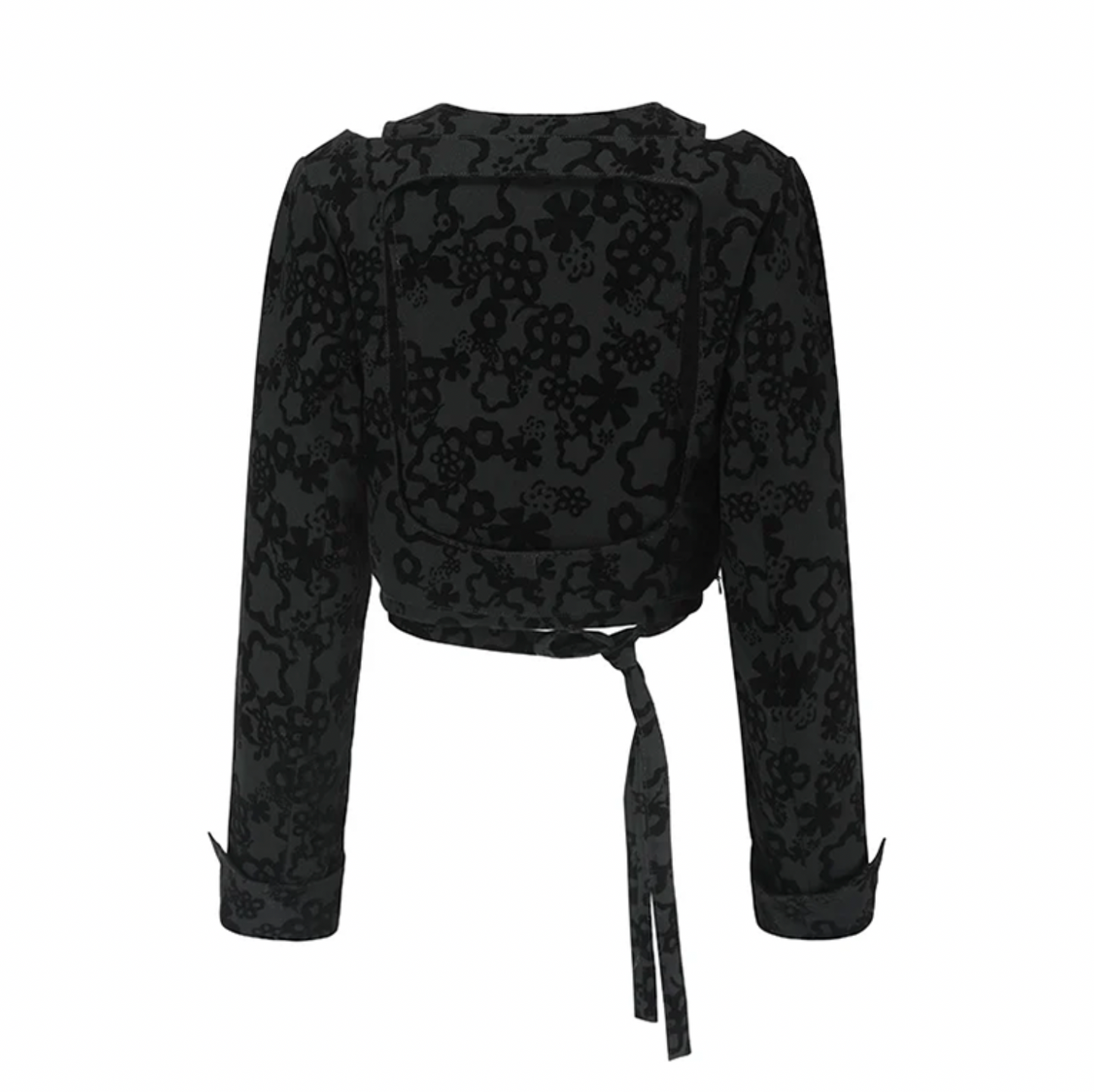 Floral Flocking Cut-out Long Sleeve Crop Top